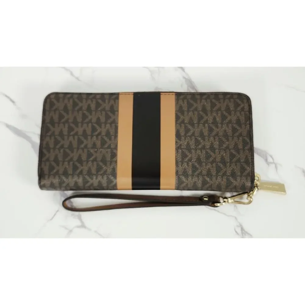Michael Kors Jet Set Travel Continental Wristlet Wallet Brown Acorn Stripe